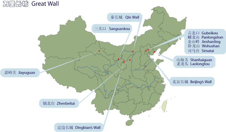 map of China with locations of the Great Wall